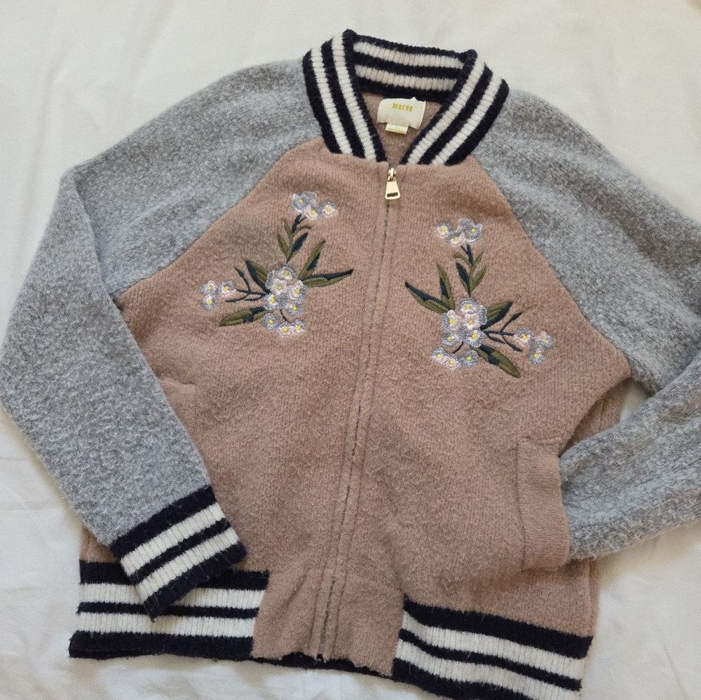 Anthropologie Pink and Gray Floral Embroidered Bomber Jacket